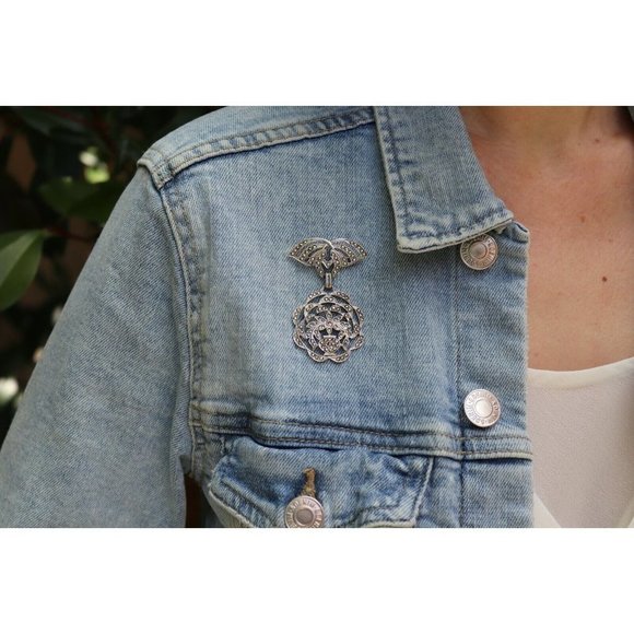 Sterling Silver Flower Dangle Pin Brooch Art Deco - Picture 6 of 8